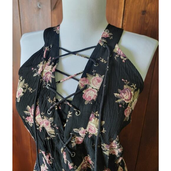 American Eagle Women Sm. Maxi Dress Black Floral Cottagecore Sleeveless Keyhole - Picture 6 of 16